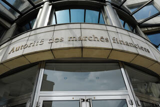 (FILES) This file photograph taken on June 2, 2014, shows a view on the entrance gates of France's stock market regulator AMF (