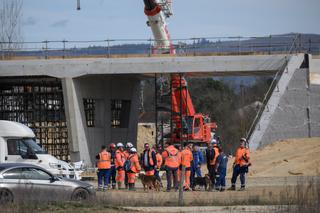 Des ouvriers se tiennent sur le chantier de l’autoroute A69, près de Castres, le 27 février 2025.